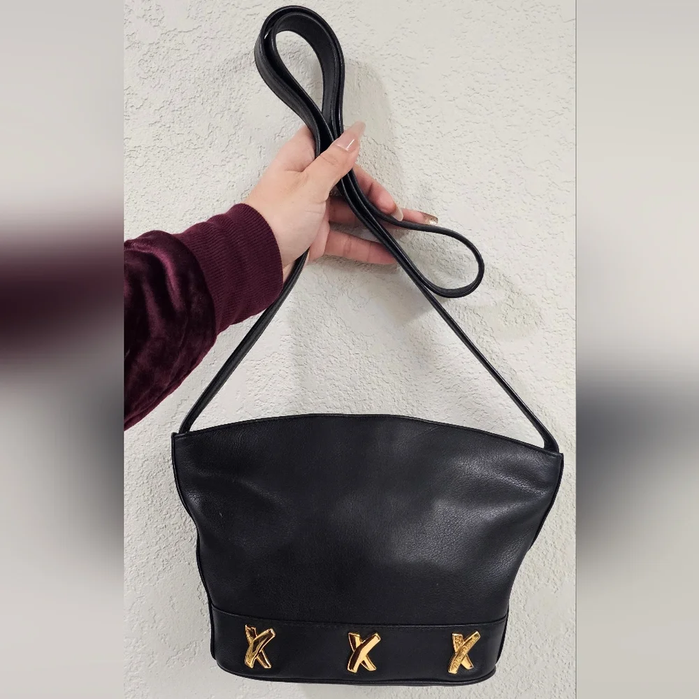 Paloma Picasso Black Genuine Leather Shoulder Bag with Gold Accents